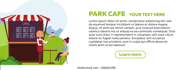 Horizontal web banner design for park cafe. Young girl waiter brought an order to client. small street coffee shop with awning in the city park. Place for drink coffee.Flat cartoon vector illustration