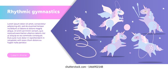 Horizontal Web banner design template for rhythmic gymnastics school. Modern vector illustration concept. Cute unicorns doing rhythmic gymnastics with ribbon, ball, hoop, skipping rope.