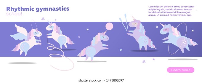 Horizontal Web banner design template for rhythmic gymnastics school. Bright violet vector illustration concept. Cute unicorns doing rhythmic gymnastics with ribbon, ball, hoop, skipping rope.