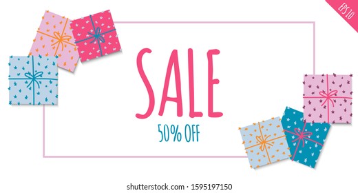 Horizontal web banner with gift boxes and bows. Top view on gift boxes. Festive elements. Cute horizontal Sale discount flyer template on white background. Vector illustration.