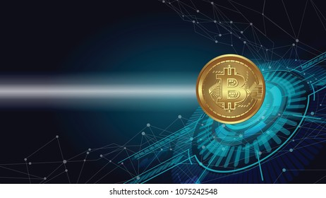 Horizontal web banner with golden bitcoin and dark blue background and place for your text. Stock vector illustration.block chain concept.