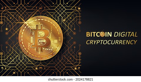 Horizontal web banner with golden bitcoin on a black background with the inscription bitcoin digital cryptocurrency and golden computer board. Vector luxury background