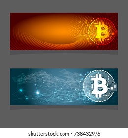 Horizontal web banner with golden bitcoin and dark blue background with microchip and place for your text. Stock vector illustration.