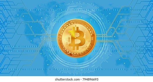 Horizontal web banner with golden bitcoin and blue background with digital connection lines
