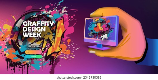 Horizontal web banner of graffiti design Week with an office computer in hand. Vector banner