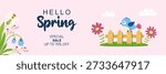 Horizontal web banner Hello Spring. For sales and discounts. Cute hand drawn bird and flowers. Vector illustration.