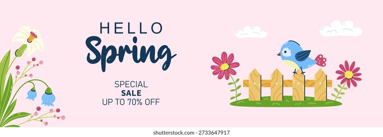 Horizontal web banner Hello Spring. For sales and discounts. Cute hand drawn bird and flowers. Vector illustration.