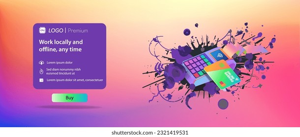 horizontal web banner and icon with a bank terminal and a plastic bank card. Vector banner