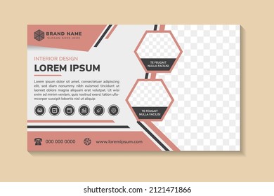 Un banner web horizontal. folleto horizontal de diseño interior. fondo gris y colores pastel negro sobre los elementos. Espacio para collage de fotos y texto. plantilla para publicidad en marketing online.