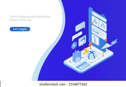 Horizontal web banner with isometric smartphone, shopping bags and boxes, money, credit card. Internet retail, buying goods online. Colorful vector illustration in trendy style for store website