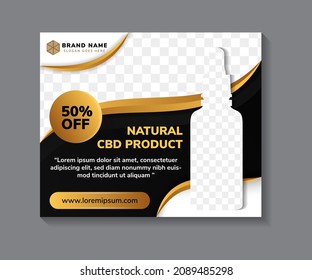 A horizontal web banner. Natura cbd product, hemp oil. black background and curved gold gradient on elements. Space for photo collage. Online advertising for online marketing.