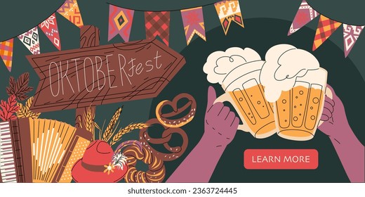 Banner web horizontal para el festival de cerveza Oktoberfest. El ambiente de un festival popular de otoño. Ilustración vectorial en estilo plano.