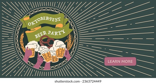 Banner web horizontal para el festival de cerveza Oktoberfest. El ambiente de un festival popular de otoño. Ilustración vectorial en estilo plano.