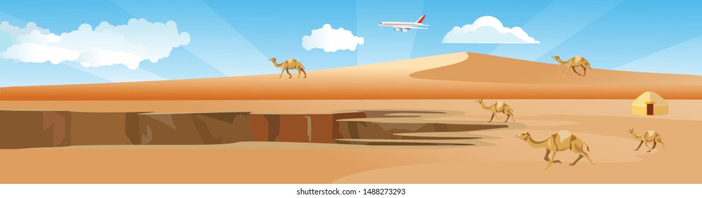 Horizontal web banner and panorama illustration of hot desertr with camels  vector