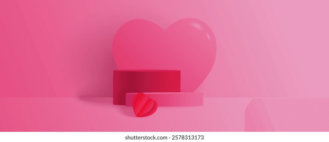 Horizontal web banner with pink podium and heart. Valentine's day background.