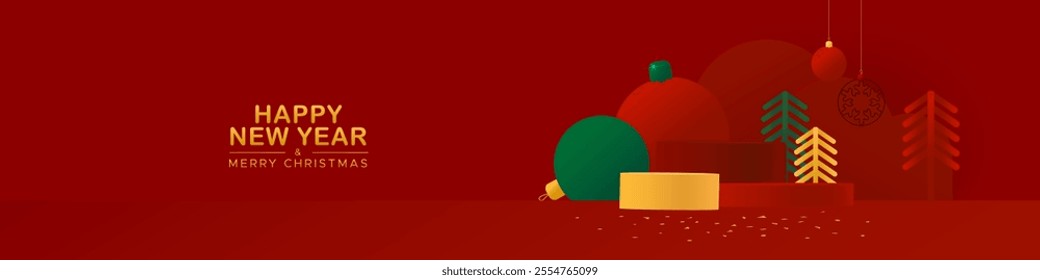 Horizontal web banner with red podium with christmas tree and toys in paper cut style. Merry Christmas and Happy New Year banner.	