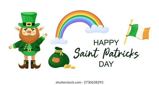 Horizontal web banner for Saint Patricks Day. Cute leprechaun and rainbow. Holiday greeting card. Hand drawn vector illustration.