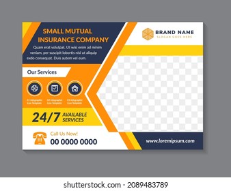 A horizontal web banner. small mutual insurance company horizontal flyer. blue background and diagonal orange and yellow on elements. Space for photo collage. Online advertising for online marketing.