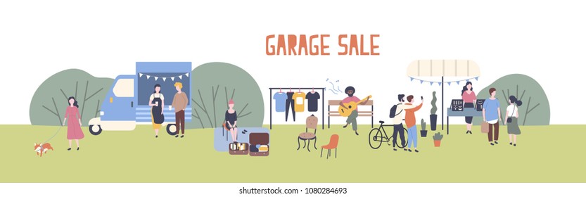 Horizontal Web Banner Template For Garage Sale Or Outdoor Festival With Food Van, Men And Women Buying And Selling Goods At Park. Flat Cartoon Colorful Vector Illustration For Event Advertisement