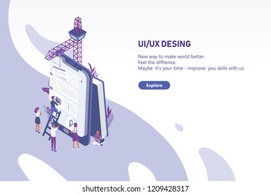 Horizontal web banner template with group of tiny people creating application design on giant tablet PC. User interface and experience engineering. Colorful modern isometric vector illustration. 