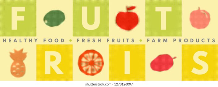 Horizontal web banner template with halftone fruits. Healthy food. Fresh fruits. Useful for banners, discount, magazine ad, web design element. Vector illustration