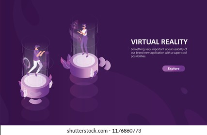 Horizontal web banner template with man and woman wearing virtual reality glasses. Male and female cartoon characters enjoying VR headset effects. Modern colorful isometric vector illustration.