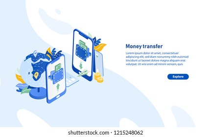 Horizontal web banner template with pair of smartphones, globe, flying paper plane and place for text. Secure and fast international electronic money transfer service. Isometric vector illustration. 