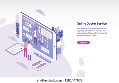 Horizontal web banner template with patient and physician standing in front of giant tablet PC and looking through personal health indicators. Online doctor service. Isometric vector illustration.