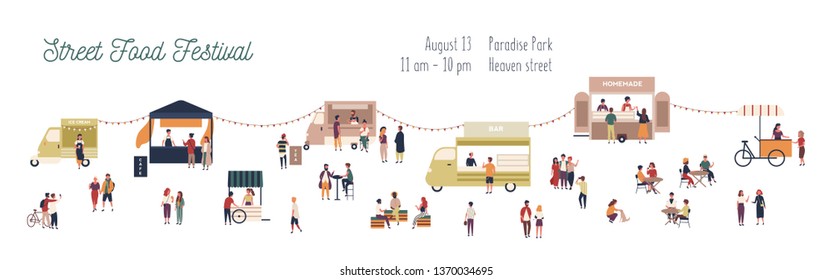 Horizontal Web Banner Template For Summer Street Food Festival With People Walking Among Vans And Kiosks, Buying Homemade Meals, Eating And Drinking. Vector Illustration For Event Announcement.