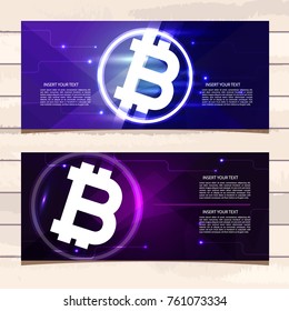 Horizontal web banner with white sign bitcoin, dark blue and dark violet background with place for your text. Stock vector illustration.