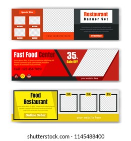 Horizontal web banners with arrows and a place for a photo. Minimalist design. Set. Clean and easily Editable vector.
