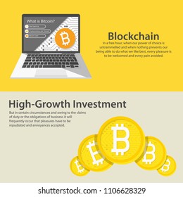 Horizontal web banners with blockchain, bitcoin coins and laptop