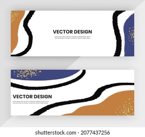 Horizontal web banners with blue and orange watercolor with gold glitter texture
