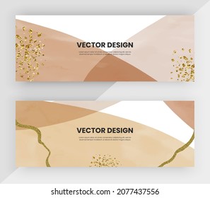 Horizontal web banners with brown and orange watercolor and gold glitter texture
