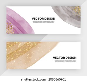 Banners web horizontales con color de agua marrón, púrpura y negra, textura de brillo dorado
