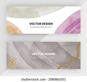 Horizontal web banners with brown, purple and black watercolor, gold glitter texture
