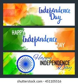 Horizontal Web Banners Concept on Indian Independence Day. Vector Holiday Backgrounds with Hand Lettering Greetings, Ashoka Wheel and Colorful Splashes in Green, White and Orange Colors.