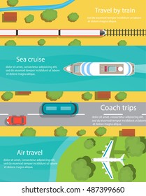 Banderas web horizontales con vista superior de barco, autos, bus, carretera, tren y avión. Viaje con nosotros concepto.
