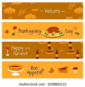Horizontal web banners for Thanksgiving and Harvest Festival. Set of cartoon vector illustration of dinner