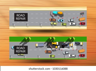 Horizontal web banners with top view road repair