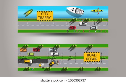 Horizontal web banners with top view city traffic