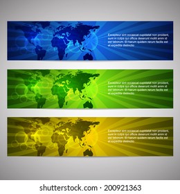 Horizontal web headers or banners with world map on the background/design for your web presentation with place for your content