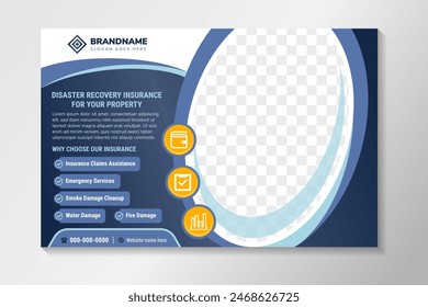 A horizontal web page banner.  disaster recovery insurance horizontal flyer. blue background and yellow, white on elements. Space for photo collage. Online advertising for online marketing.