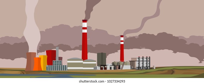 Horizontal web page industrial banner, oil refinery, environmental pollution
industrial landscape