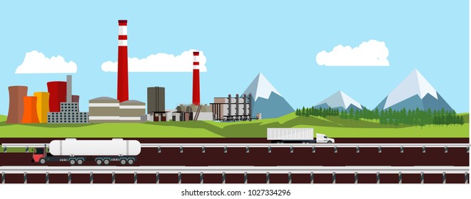 Horizontal web page industrial banner, oil refinery and oil trucks on the highway 