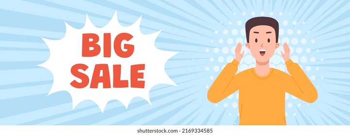 Horizontal website banner about big sale with amazed man flat style, vector illustration. Surprised male character with open mouth, design template, blue background