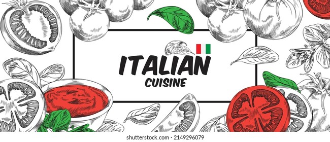 Horizontal website banner about Italian cuisine, hand drawn, vector illustration on white background. Monochrome and red tomatoes, leaves, full and halves vegetables, text