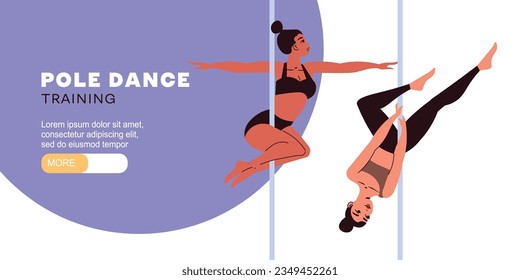 Horizontal website banner in flat style with two slim women practising pole dance vector illustration
