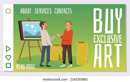 Plantilla horizontal de banner del sitio web sobre la compra de estilo plano de arte NFT, ilustración vectorial aislada. Los hombres dan la mano, apilan monedas, criptodivisa. Fondo de degradado verde amarillo