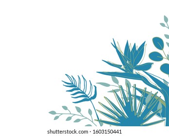 Horizontal of wedding card templates. Copy space. Tropical exotic leaves isolated on white background. Floral poster, invite.Vector stock decorative greeting card or invitation trendy design backdrop.